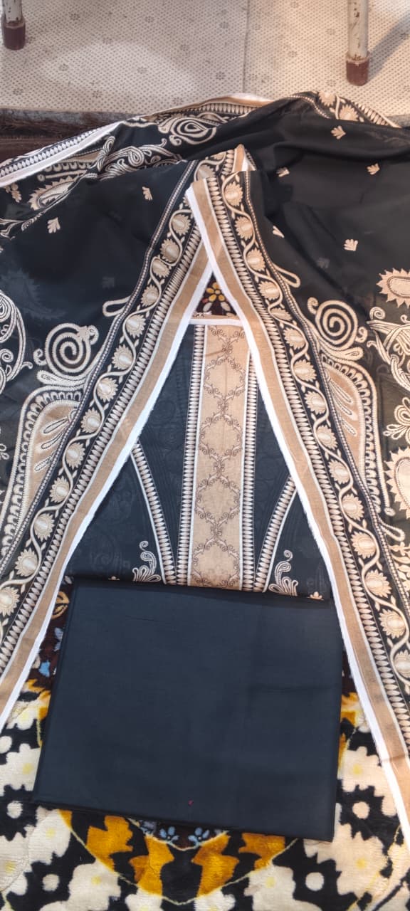 03-piece gold  Unstitched black print lawn suit