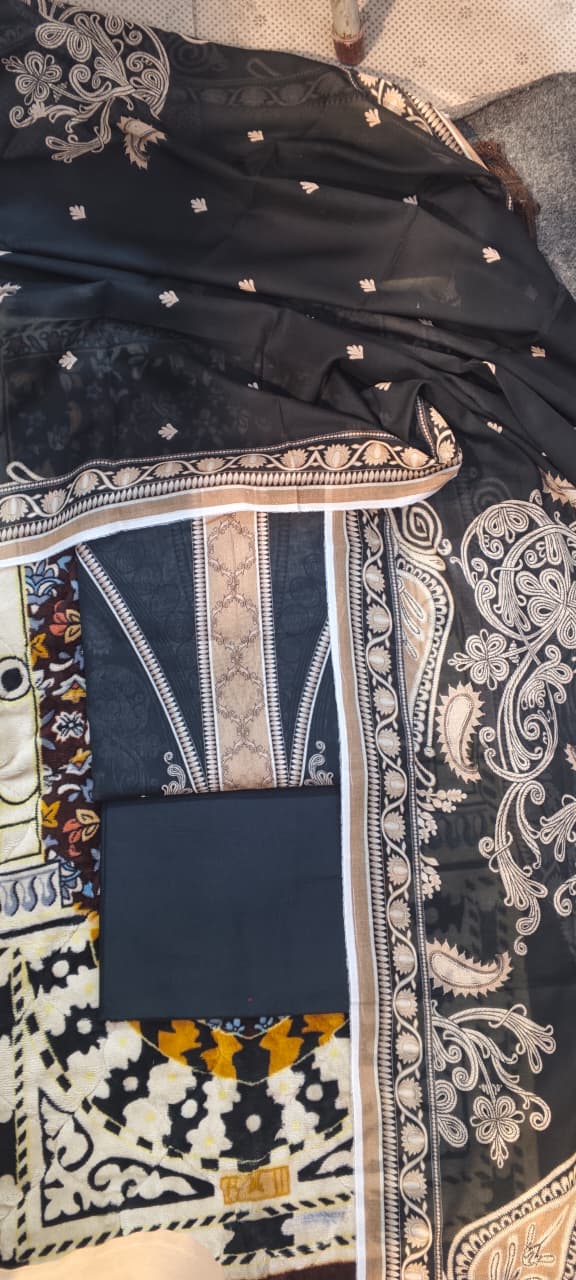 03-piece gold  Unstitched black print lawn suit