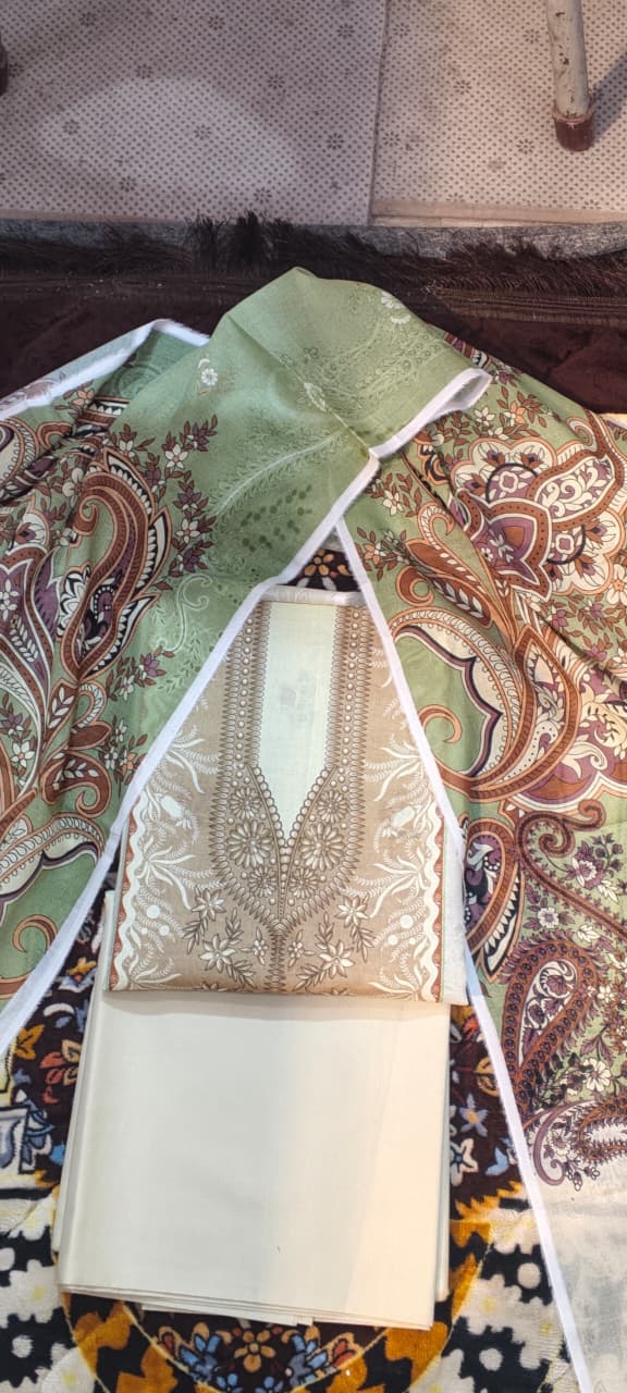 03-piece gold  Unstitched  light skin  print lawn suit