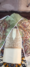 03-piece gold  Unstitched  light skin  print lawn suit