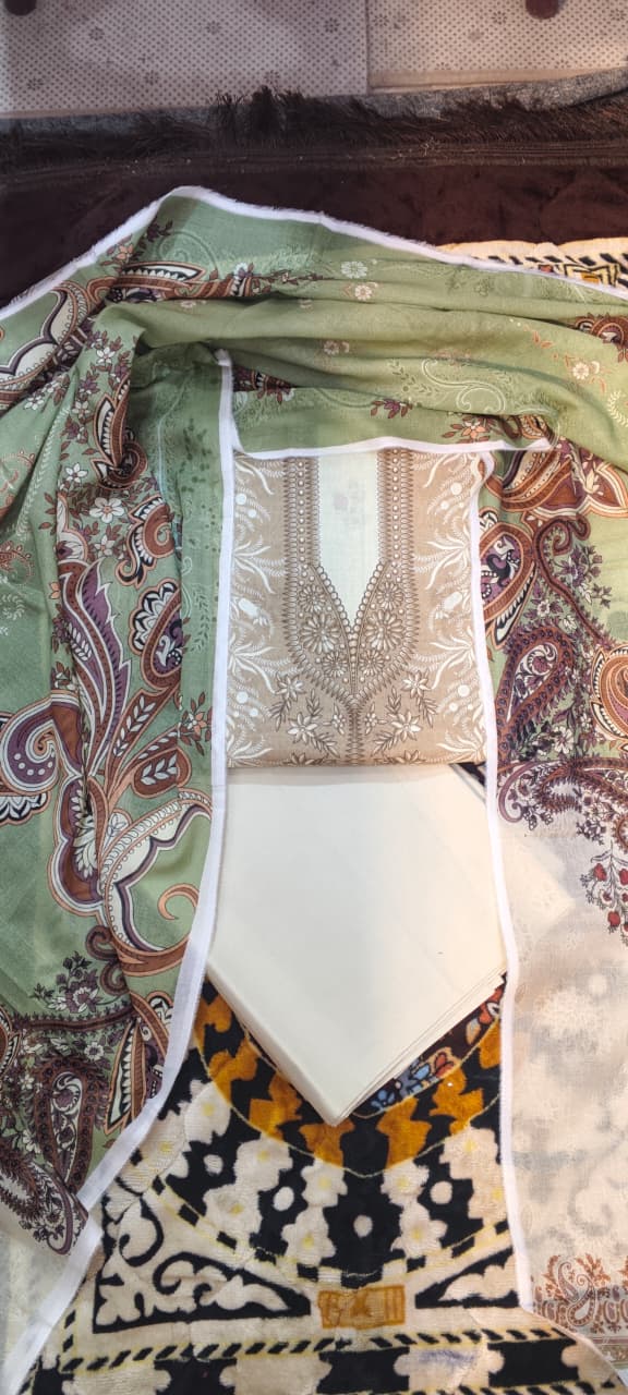 03-piece gold  Unstitched  light skin  print lawn suit