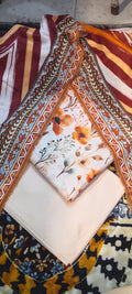 03-piece gold  Unstitched  light orange  chamki print lawn suit