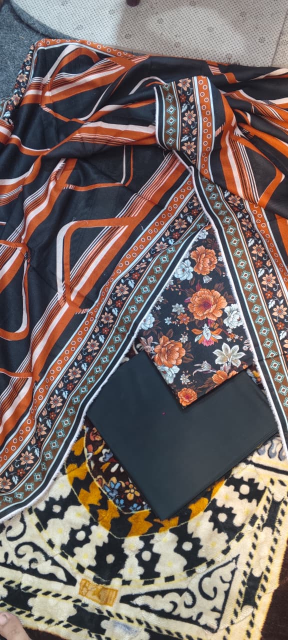 03-piece gold  Unstitched black chamki print lawn suit