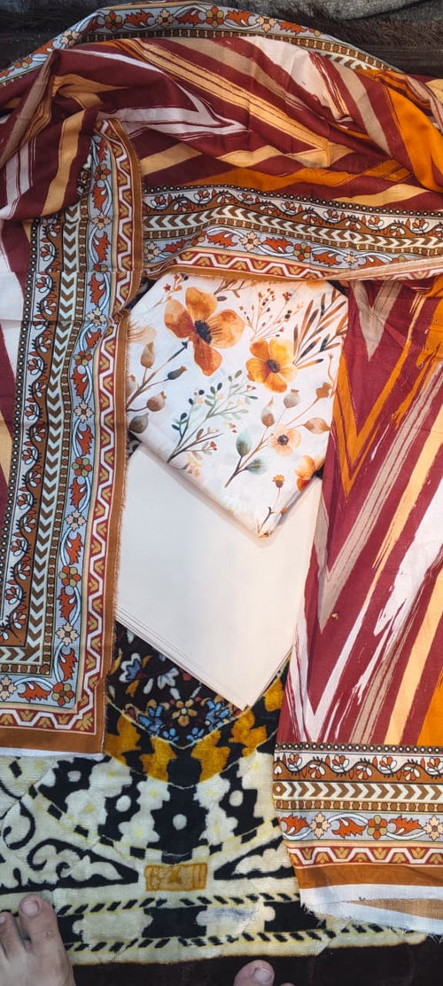 03-piece gold  Unstitched  light orange  chamki print lawn suit
