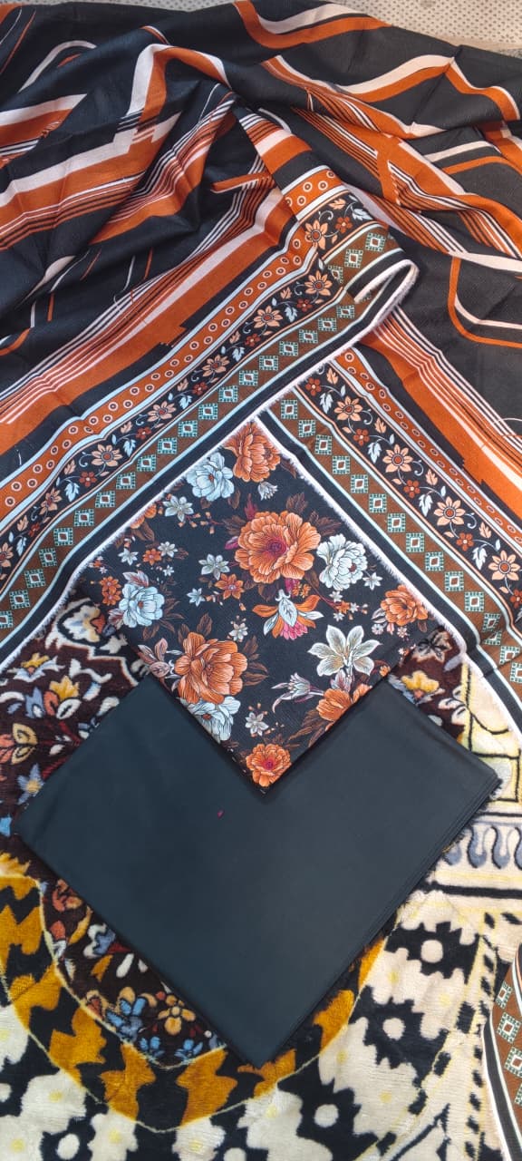 03-piece gold  Unstitched black chamki print lawn suit