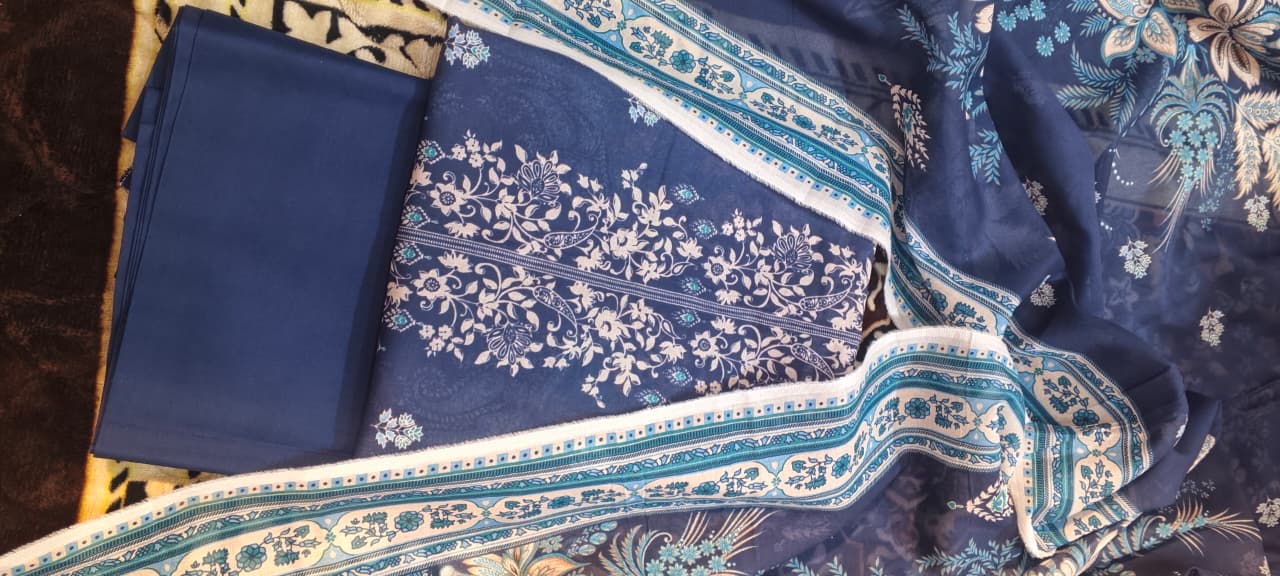 03-piece gold  Unstitched bluo print lawn suit